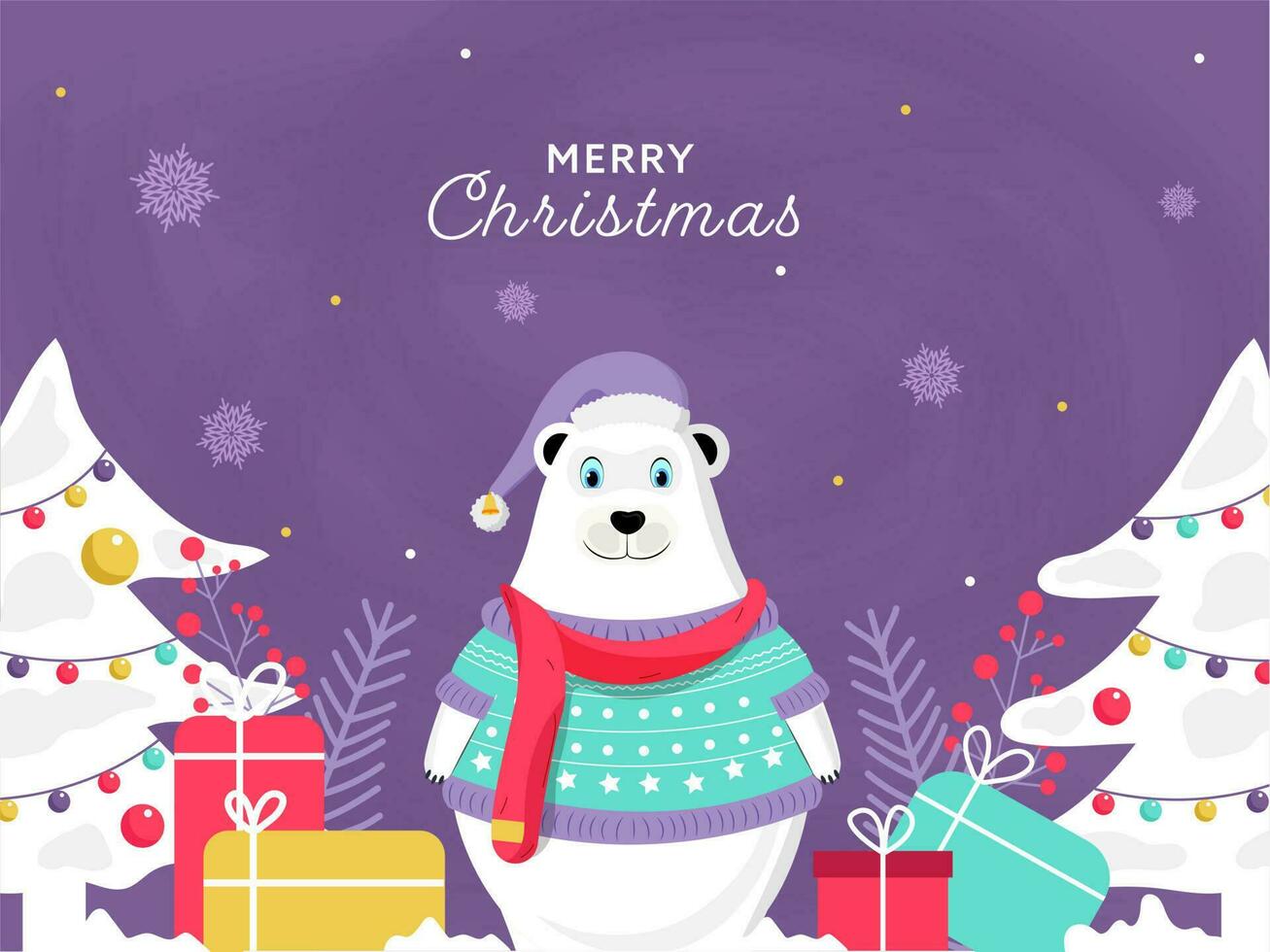 Cartoon Polar Bear Wearing Woolen Clothes With Gift Boxes And Decorative Xmas Trees On Purple Background For Merry Christmas Celebration. vector