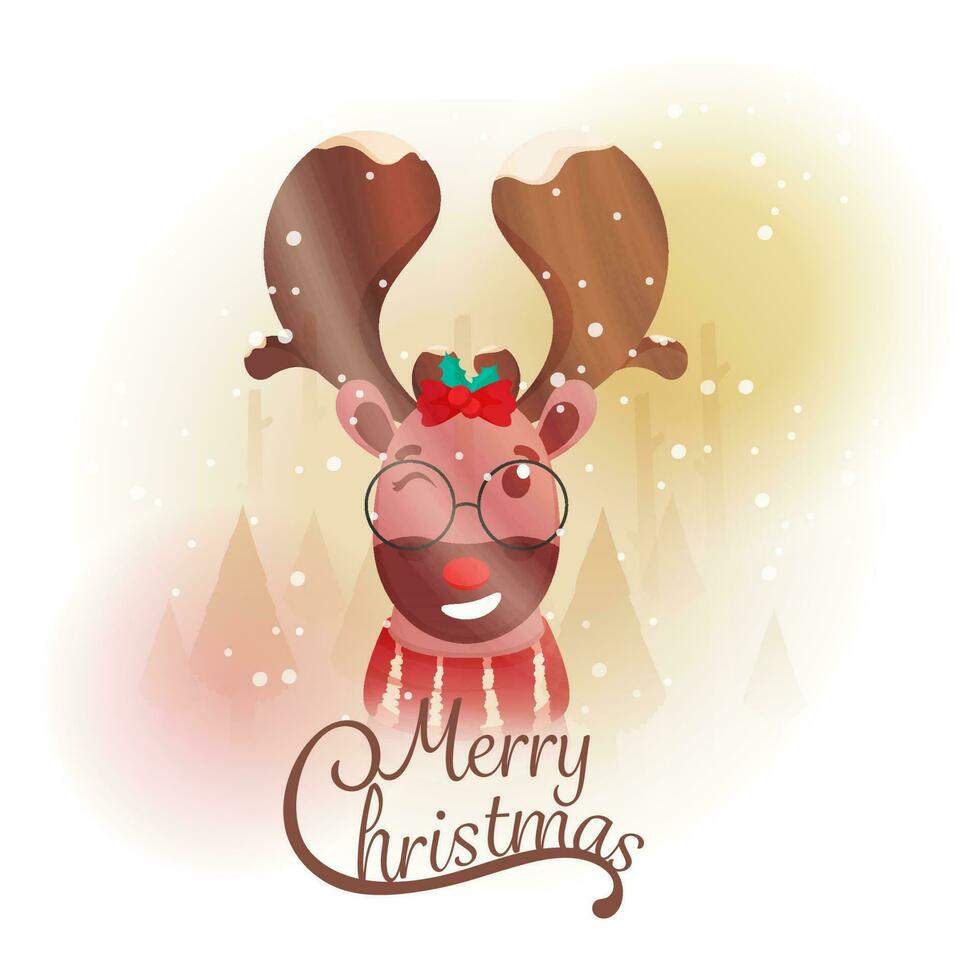 Merry Christmas Font With Cartoon Reindeer Winking And Snowfall On White Background. vector