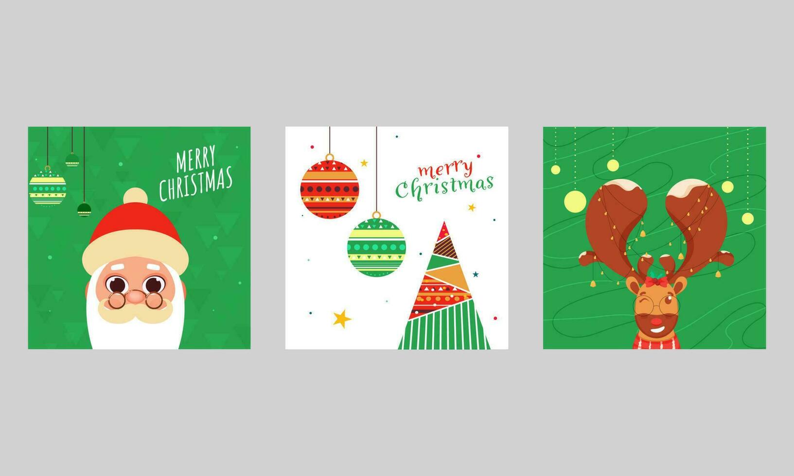 Merry Christmas Poster Design Set with Cute Santa Face, Xmas Tree, Cartoon Reindeer Winking and Hanging Baubles Decorated Background. vector