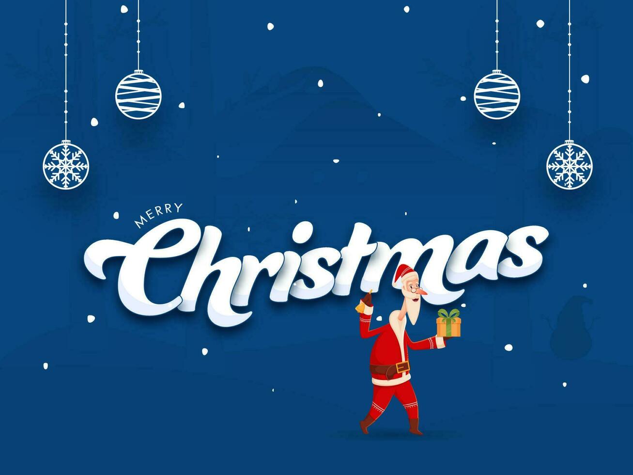 Merry Christmas Font with Cartoon Santa Claus Holding Gift Box, Jingle Bell and Hanging Baubles on Blue Background. vector