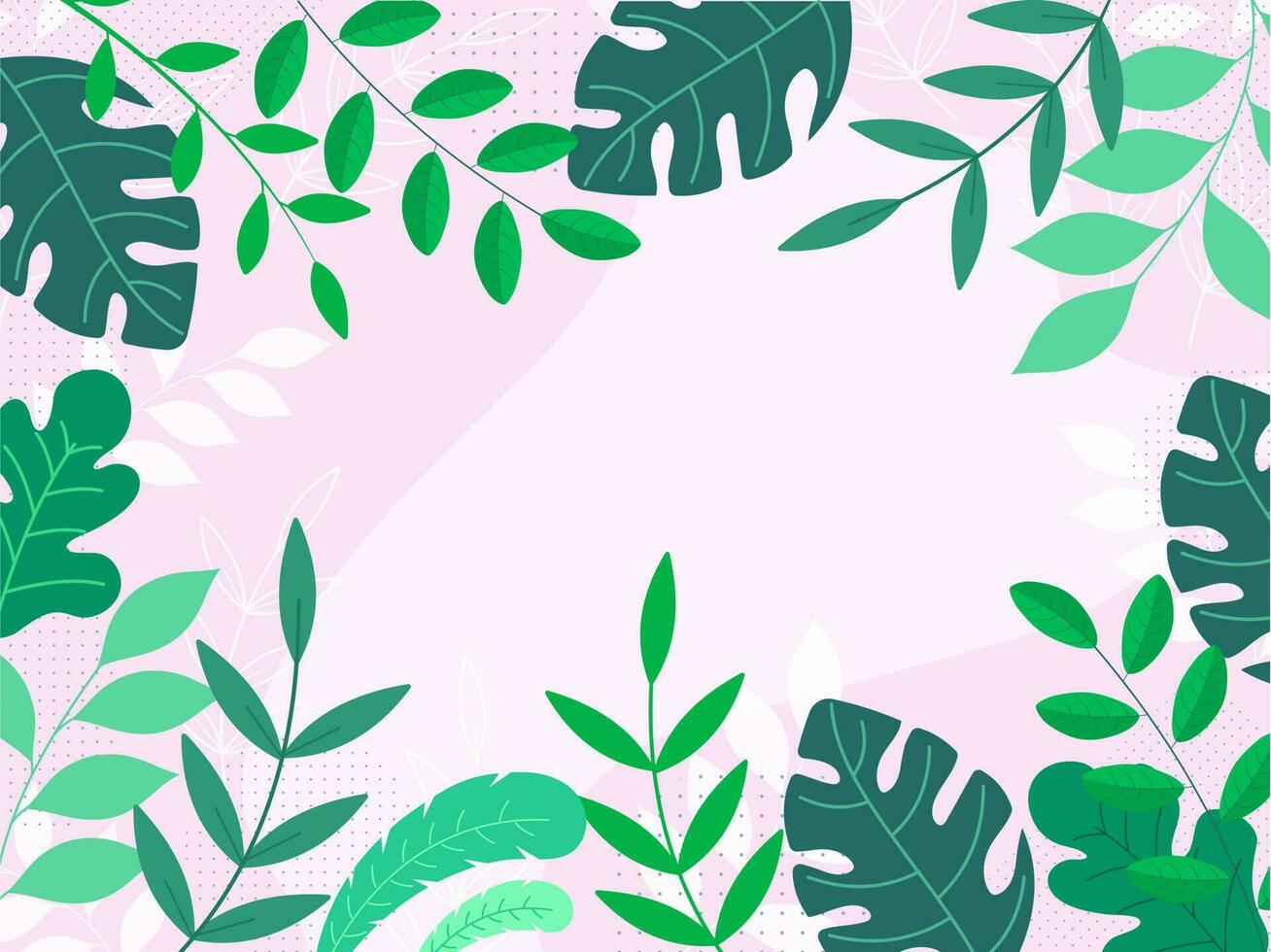 Pastel Pink Background Border Decorated with Green Leaves. vector