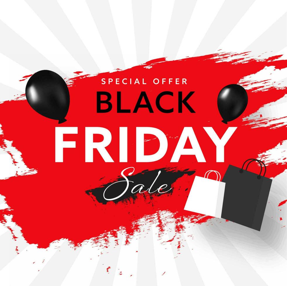 Black Friday Sale Text with Realistic Balloons, Shopping Bags and Red Brush Stroke Effect on White Rays Background. vector