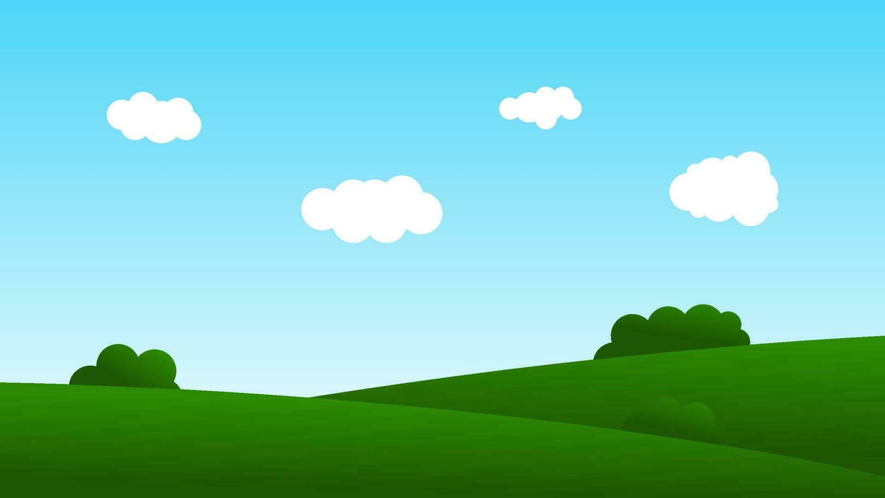 landscape cartoon scene background. green field with white cloud and blue sky vector