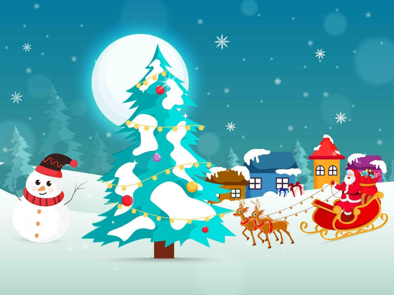 Winter Full Moon Background With Snow Covering Christmas Tree, Houses, Snowman And Santa Claus Riding On Reindeer Sleigh. vector