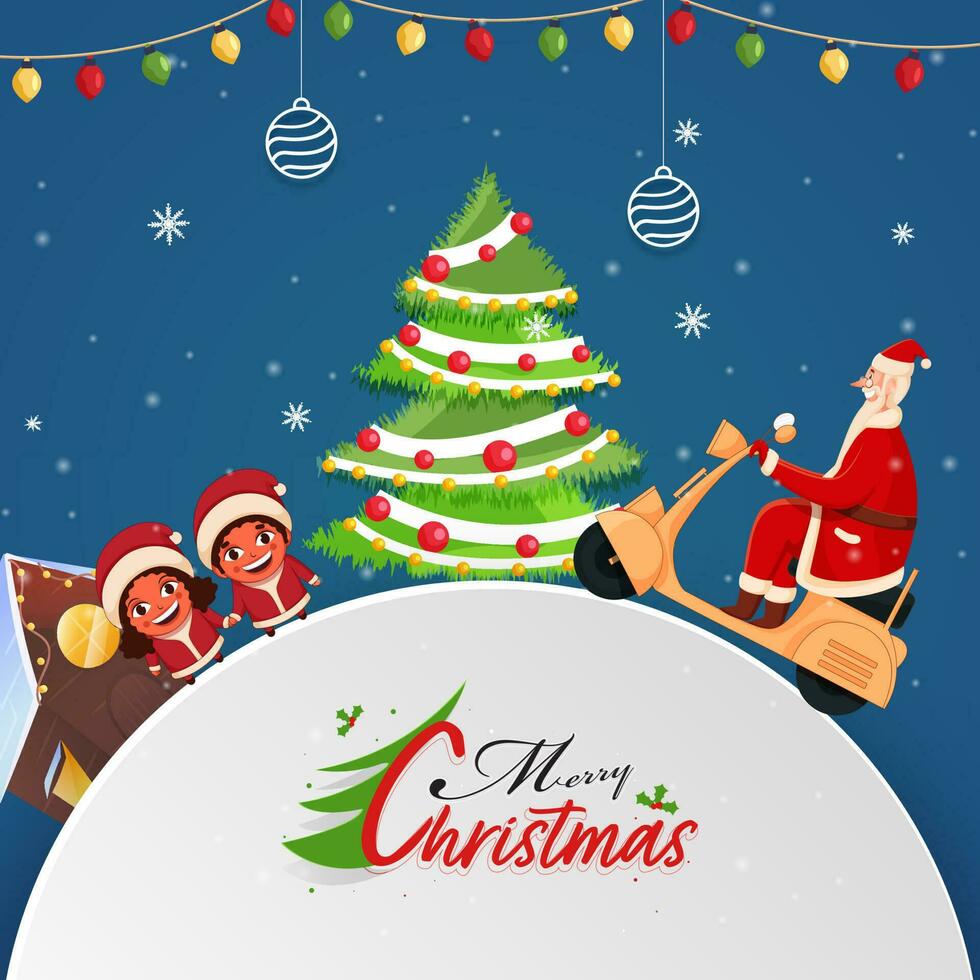 alegre Navidad concepto con Papa Noel claus montando scooter, decorativo Navidad árbol, alegre niños y casa en azul y blanco antecedentes. vector