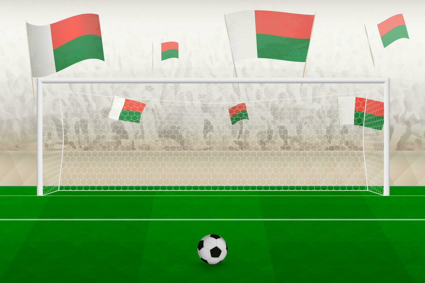 Madagascar football team fans with flags of Madagascar cheering on stadium, penalty kick concept in a soccer match. vector