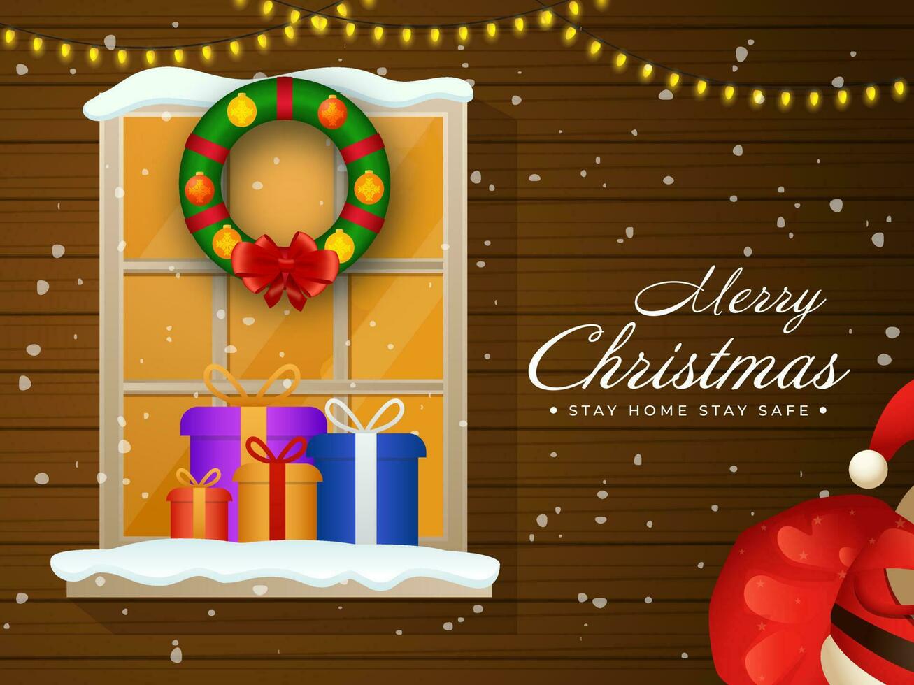 Brown Wooden Snowfall Background With Lighting Garland, Window, Decor Wreath, Gift Boxes On The Occasion Of Merry Christmas Stay Home and Stay Safe. vector