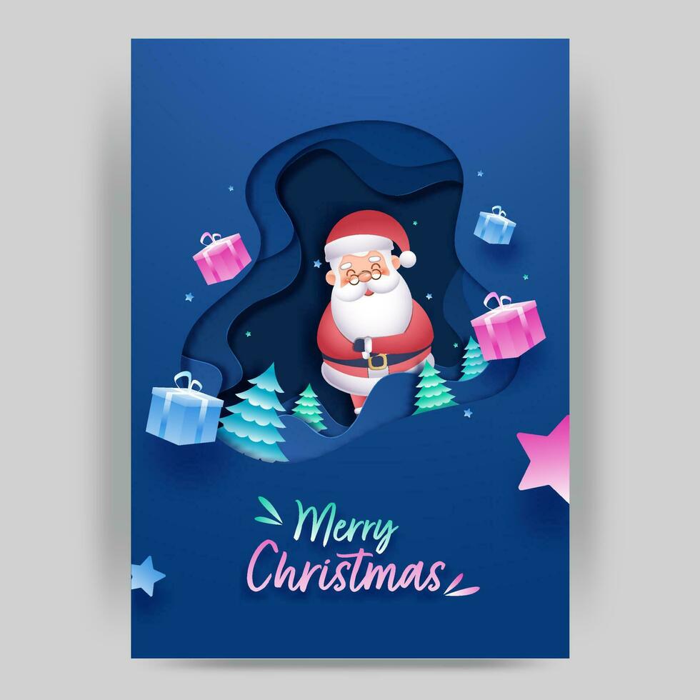 Blue Paper Layer Cut Background With Xmas Trees, Realistic Gift Boxes And Cartoon Santa Claus For Merry Christmas Celebration. vector