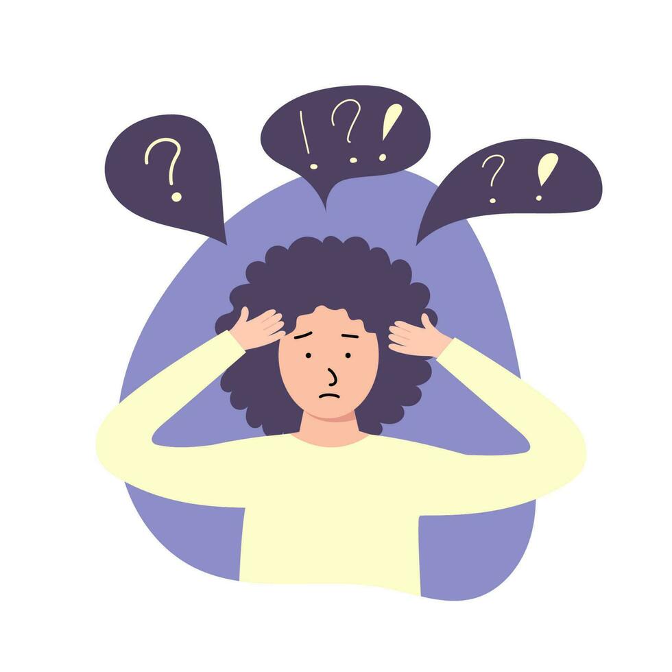 Mental health problems. Depressed woman clutching her head. Confused girl doesn't know what to do vector