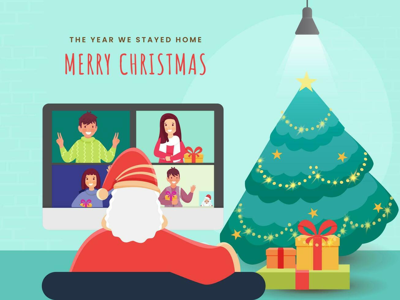 Papa Noel claus interactuando en vídeo llamada con gente, regalo cajas y decorativo Navidad árbol para alegre Navidad, esta año nosotros permaneció a hogar. vector