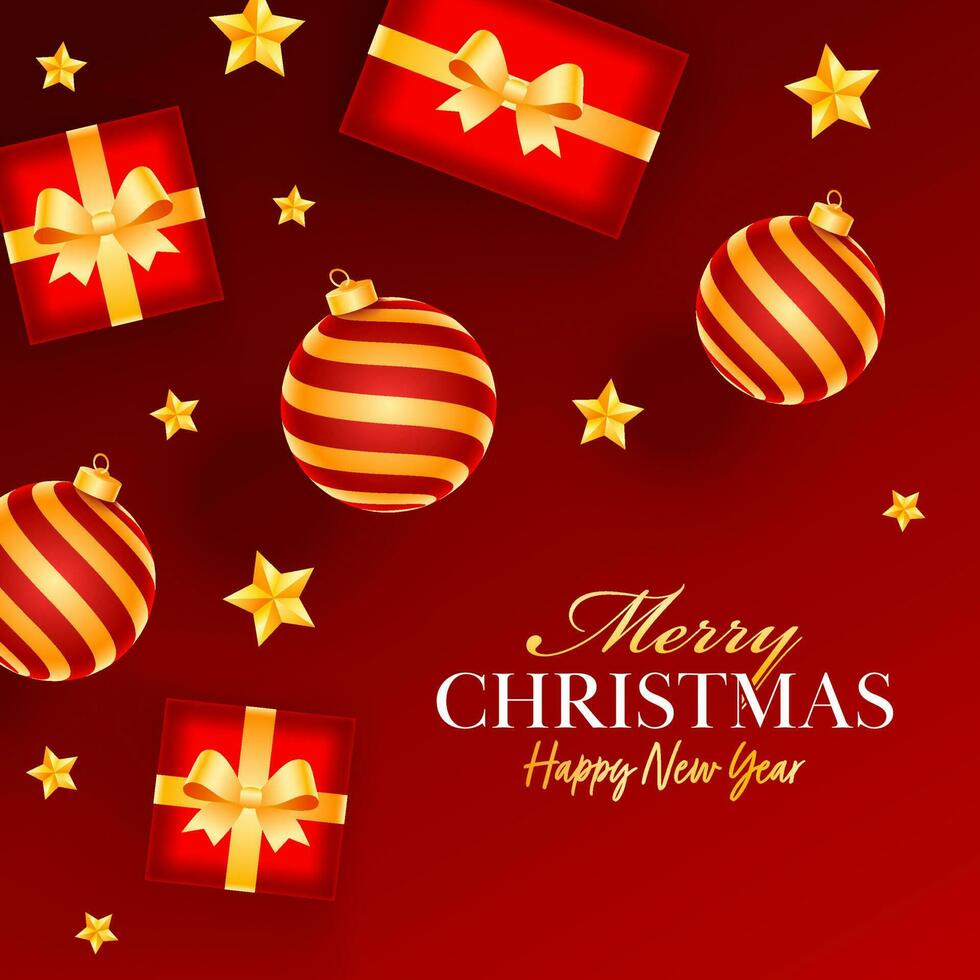 Top View of Realistic Baubles with Gift Boxes and Golden Stars Decorated on Red Background for Merry Christmas and Happy New Year Celebration. vector