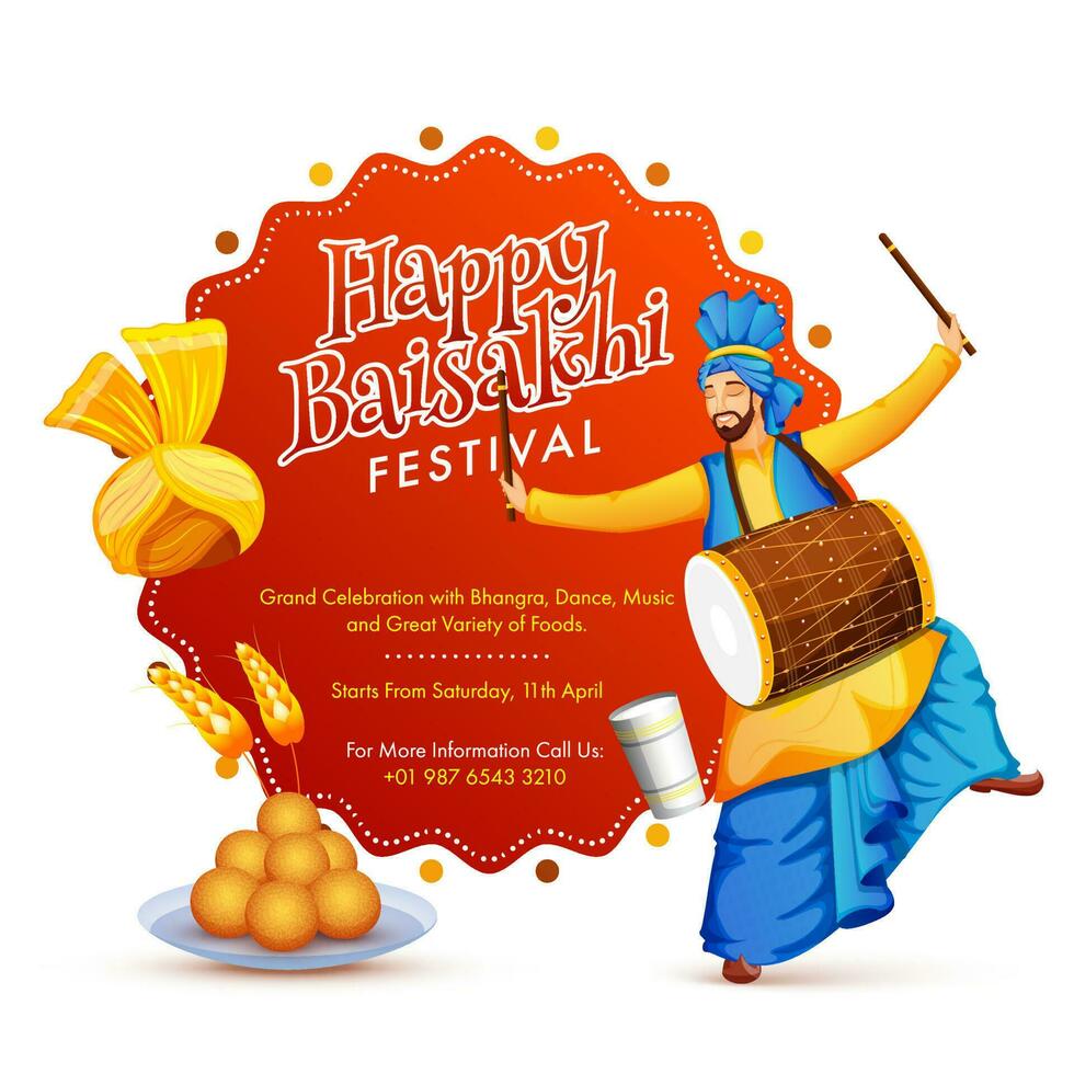 Happy Baisakhi Festival Invitation Card with Punjabi Man Playing Dhol in Bhangra Pose, Turban, Wheat Ear and Indian Sweets. vector