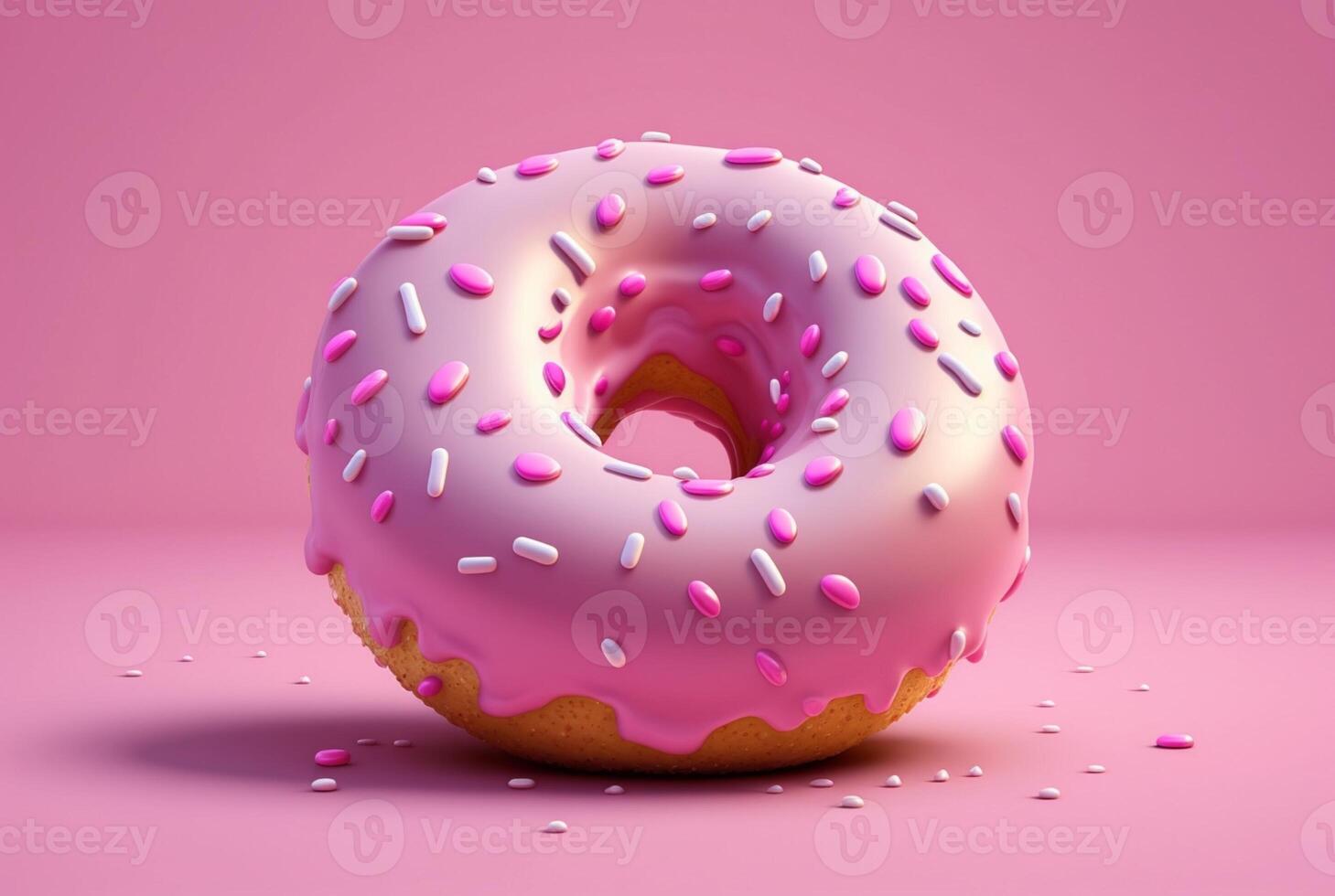 Donuts with pink icing and colorful sprinkles of sugar. On a pink