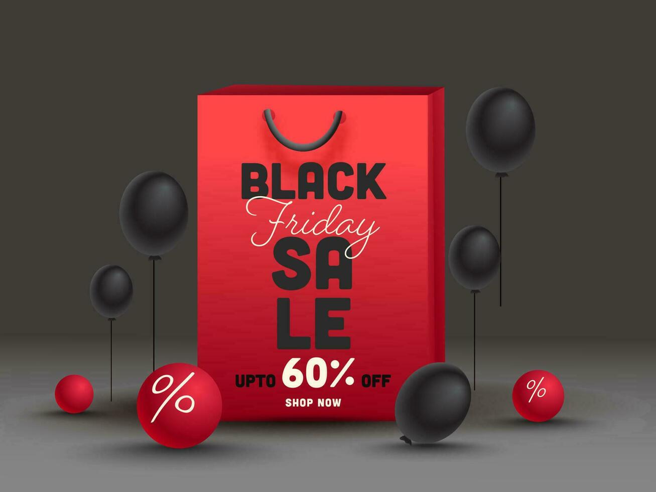 negro viernes rebaja póster diseño con descuento oferta, rojo compras bolso y globos en oscuro gris antecedentes. vector