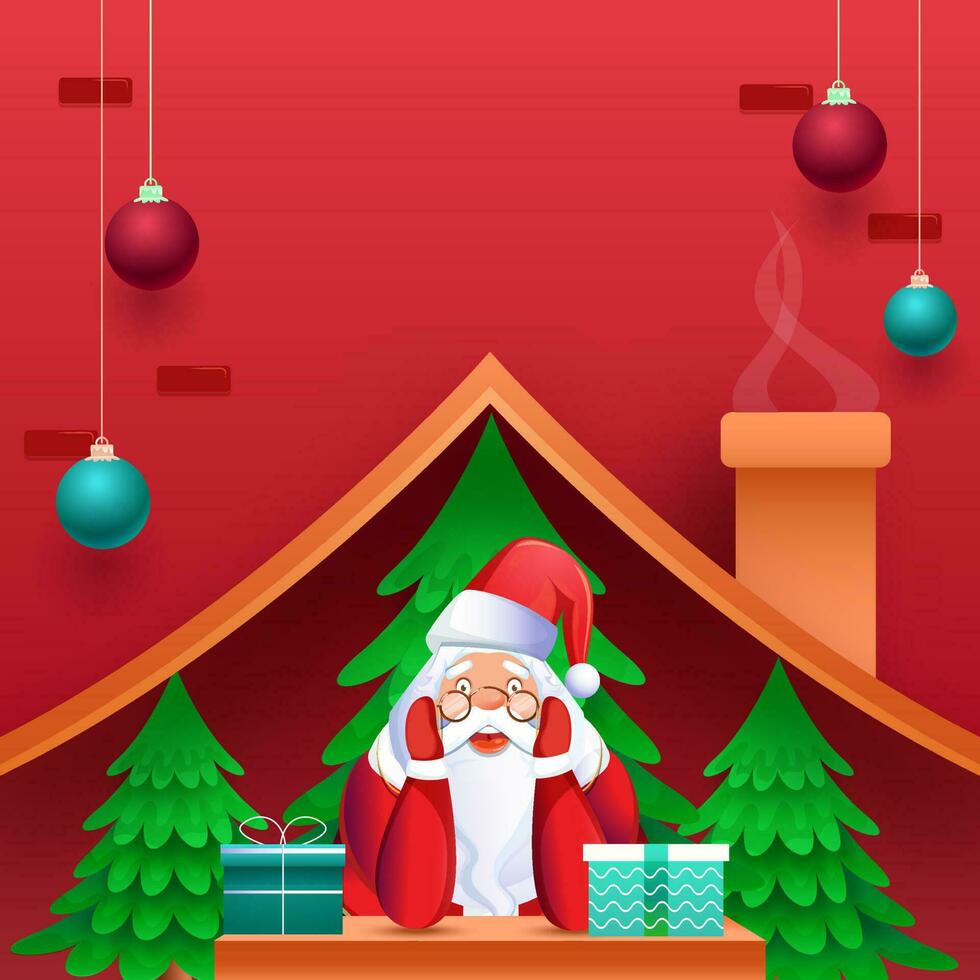 Cute Santa Claus With Gift Boxes, Xmas Trees Inside Chimney House And Hanging Baubles Decorated On Red Background. vector