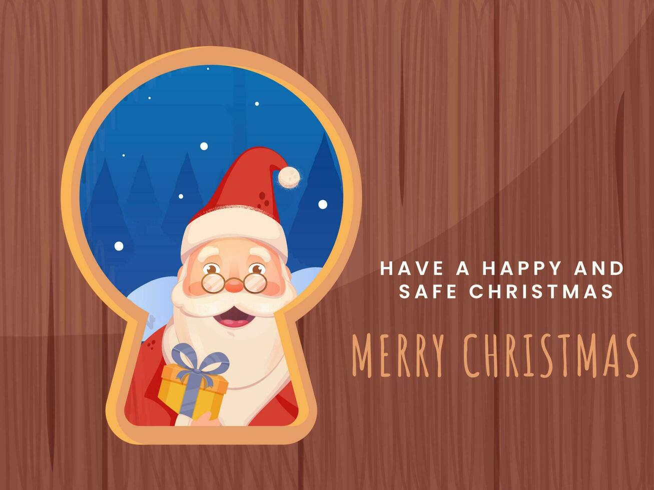Cartoon Santa Claus Peeking From Door Keyhole With Wooden Texture For Happy And Safe Merry Christmas. vector