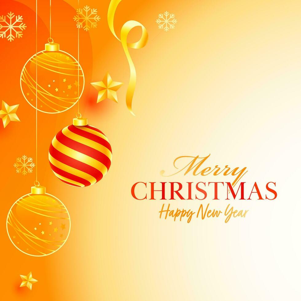 Merry Christmas and Happy New Year Poster Design with Hanging Baubles, Snowflakes and Golden Stars Decorated on Glossy Orange Background. vector