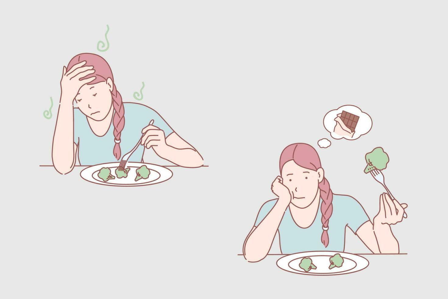 Meal dissatisfaction, diet, healthy food, chocolate bar dream concept. Melancholy, dislike broccoli, appetite lack, young woman with cabbage dish, single girl with boiled vegetable. Simple flat vector