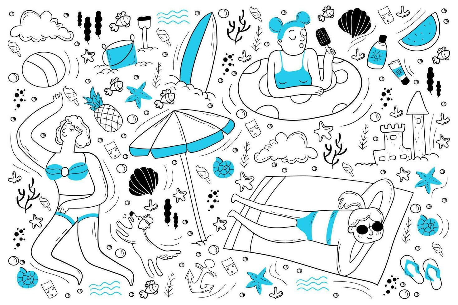 Beach doodle set. Collection of hand drawn sketches templates of people lying at sea or ocean coast sunbathing under umbrella and building sand castles. Summer recreation on vacation illustration. vector