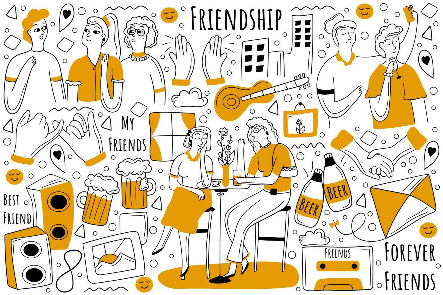 Friendship doodle set. Collection of hand drawn sketche templates patterns of happy male female friends having fun and spending time together. Friendly relationship between people illustration. vector