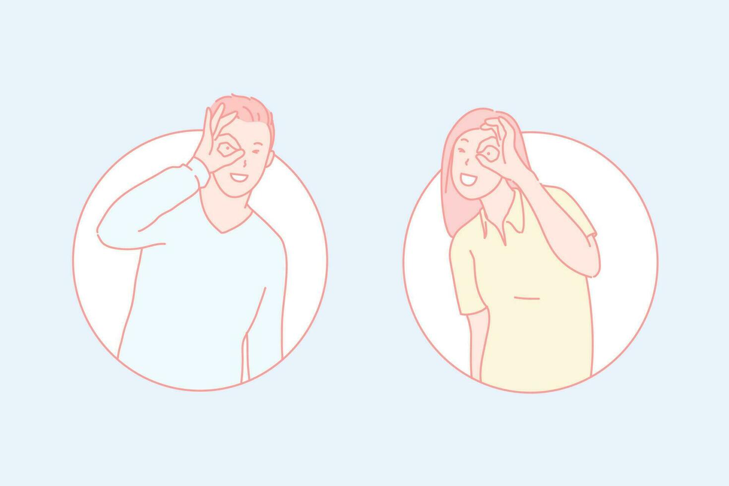 Positive mood, playful gestures, cheerful smiles concept. Young people have fun, peeping through OK gesture. Teenagers body language. Delighted colleagues funny facial expressions. Simple flat vector