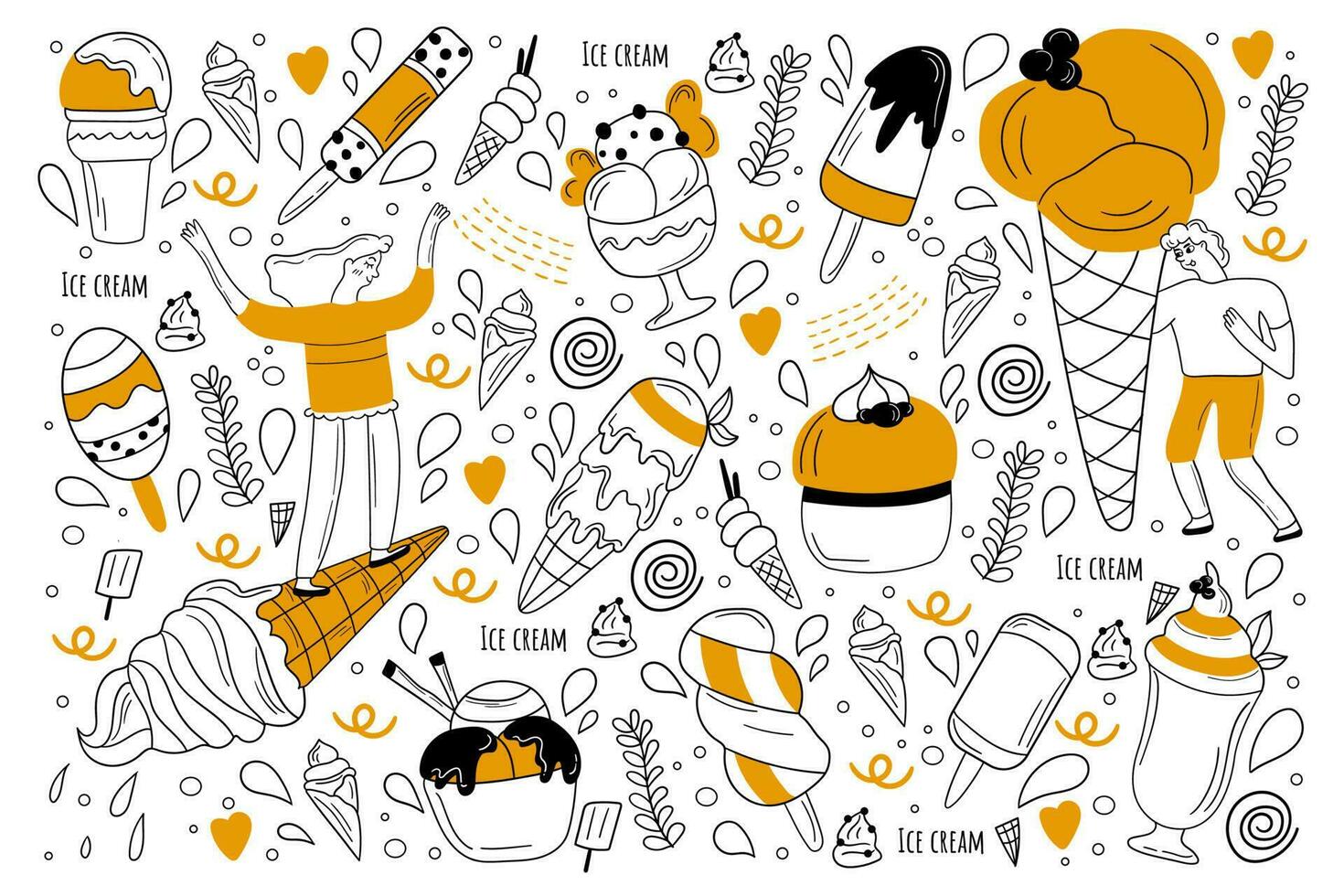 Ice cream doodle set. Collection of hand drawn sketches templates of sundae balls and waffle cone or junk food licking. Unhealthy nutrition or summer meal illustration. vector