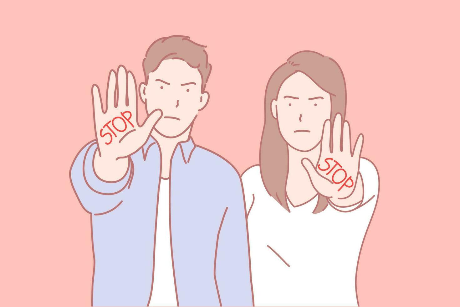 Stop gesture, prevention campaign, community protest concept. Young people with word stop written on palms. Volunteers, activists protesting against negative social phenomena. Simple flat vector
