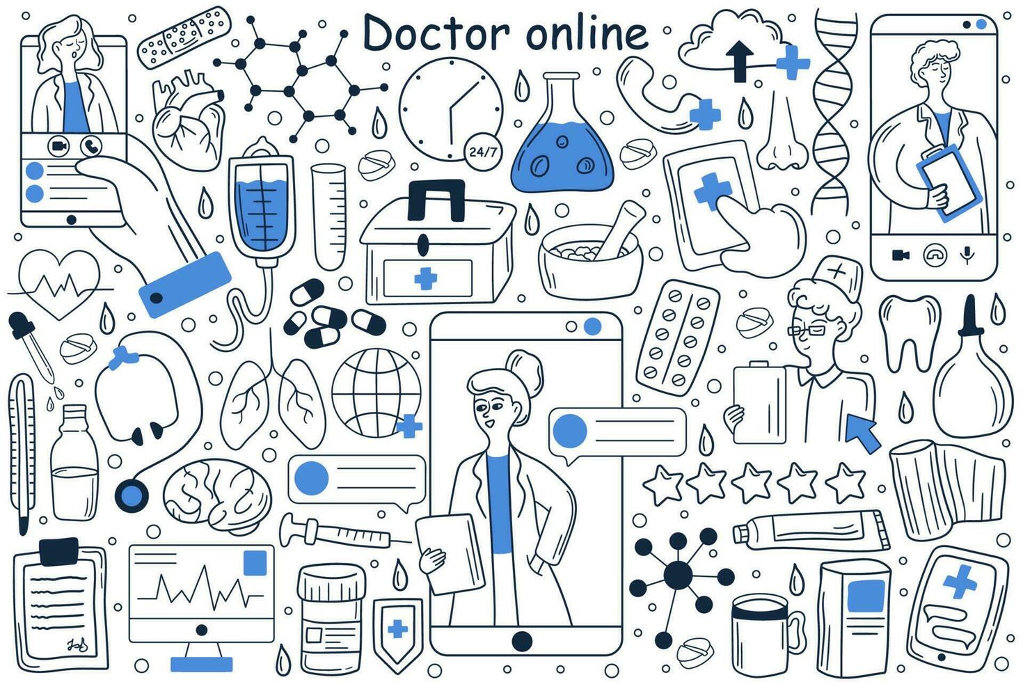 médico en línea garabatear colocar. colección de mano dibujado plantillas patrones de hombre paciente utilizando móvil teléfono para chateando bruja médico en social medios de comunicación o red. digital médico consulta ilustración. vector