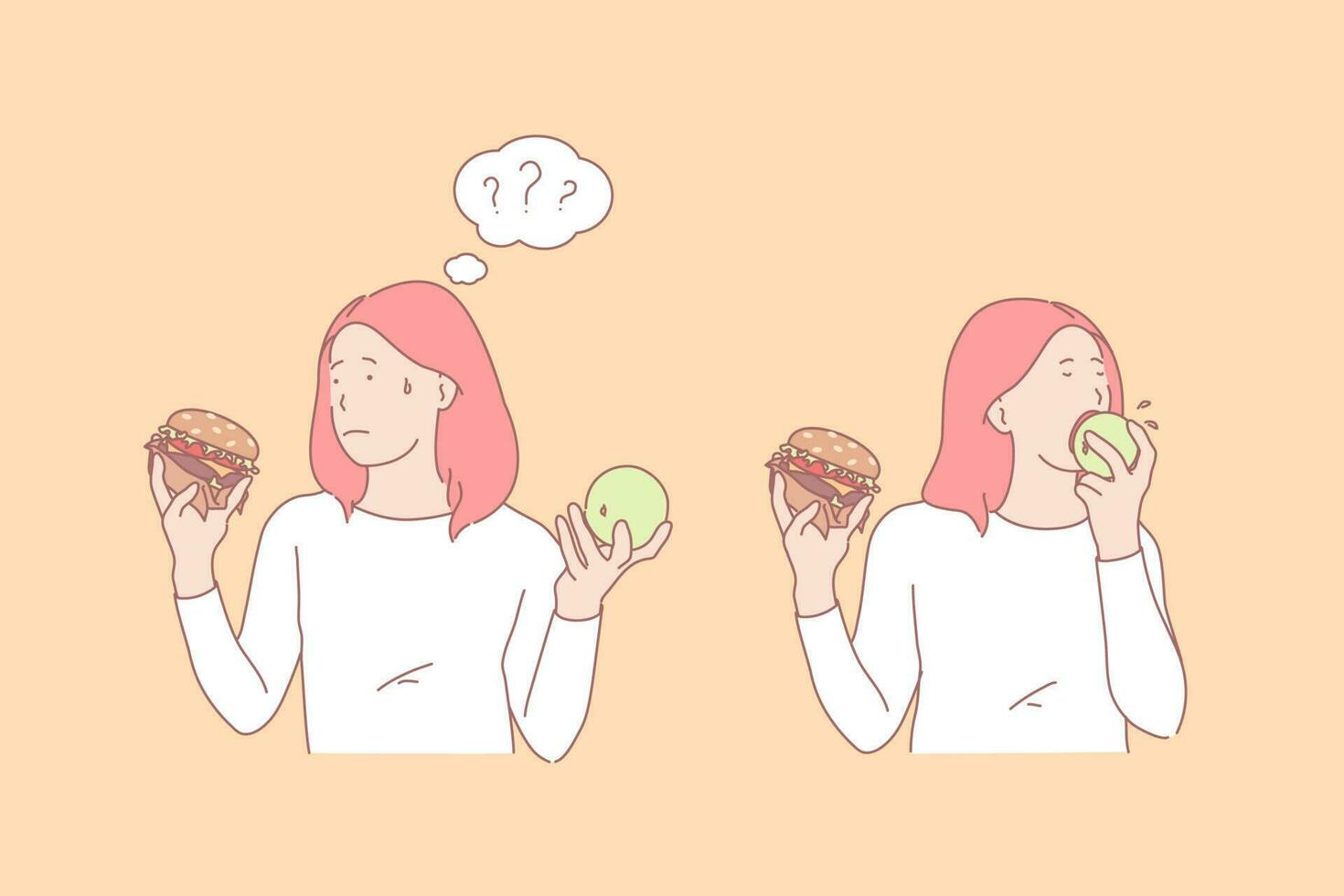 comida elección, sano y insalubre nutrición, manzana y hamburguesa concepto. comida preferencias, producto gusto, joven mujer con Fruta y sándwich, niña y habla burbuja. sencillo plano vector