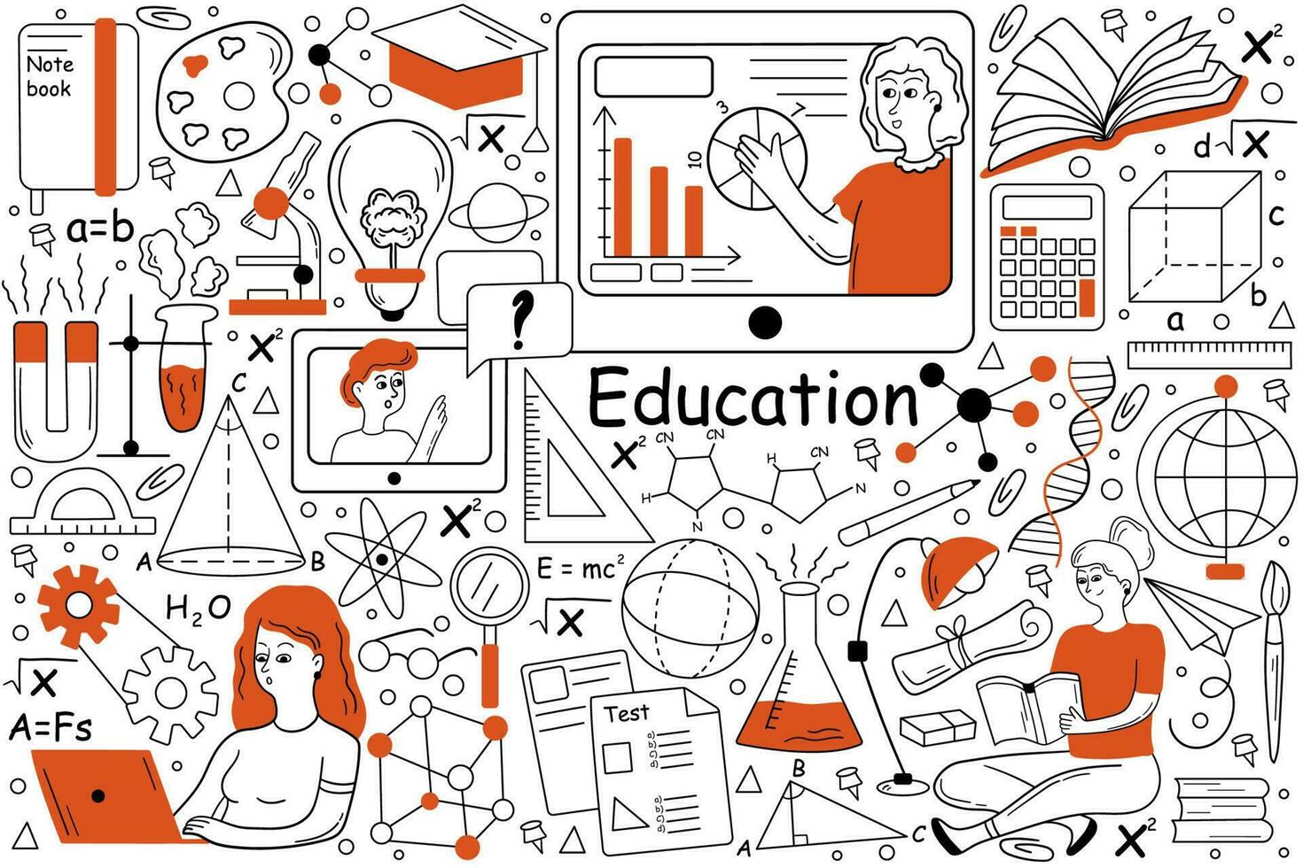 Education doodle set. Collection of hand drawn templates patterns of pupils students learning school university subjects studying at online training courses. Improval of skills expansion of knowledge. vector