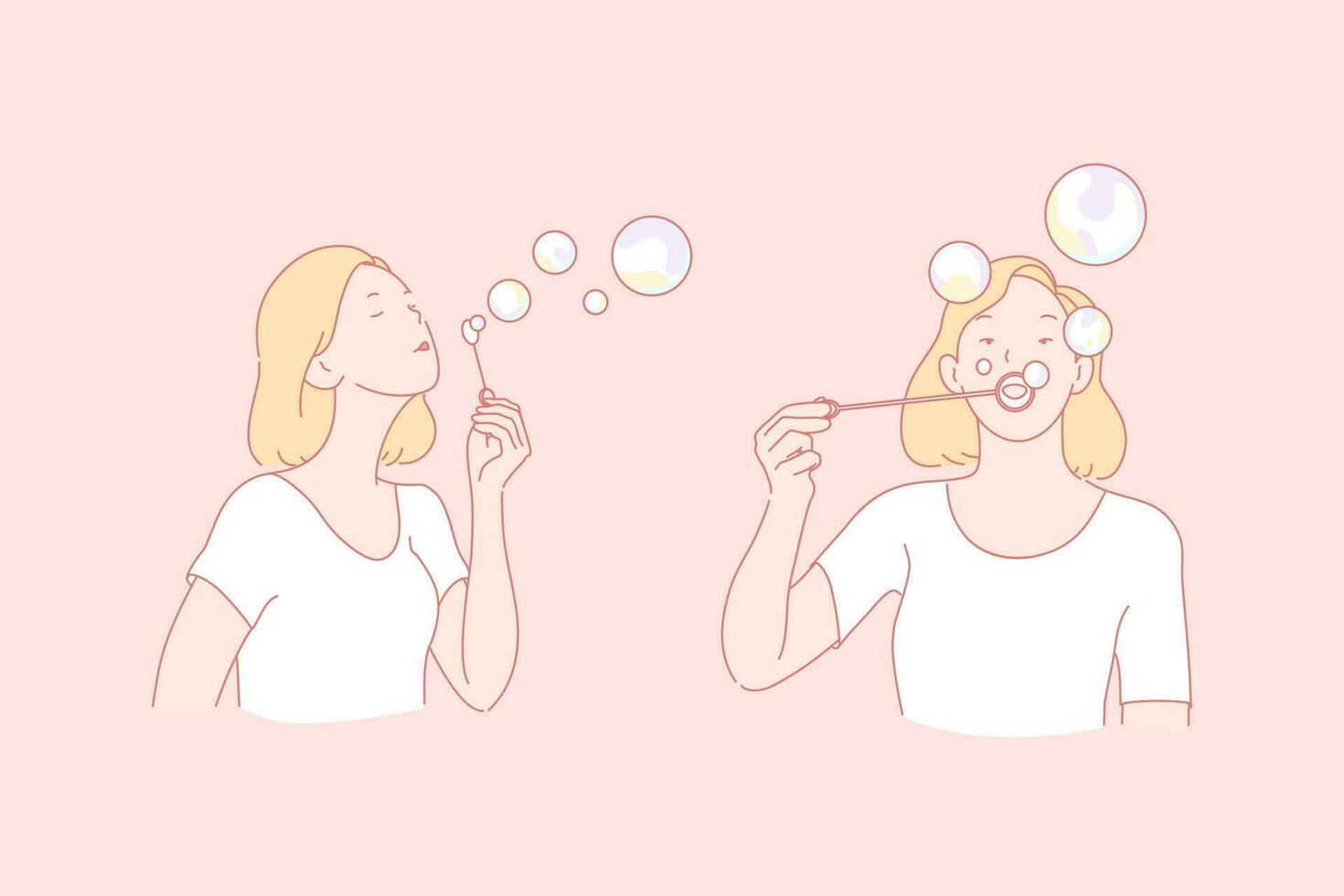 Making soap bubbles, childish plaything, entertainment concept. Relaxation, leisure, enjoyment, positive emotion, girl blowing on soap tube, young woman and bubbles. Simple flat vector