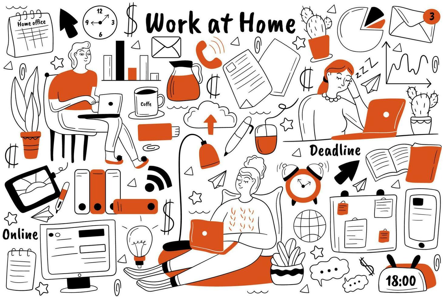 Work at home doodle set. collection of hand drawn sketches templates patterns of people freelancers sitting working at computer remotely from house. Business occupation freelance free lifestyle vector