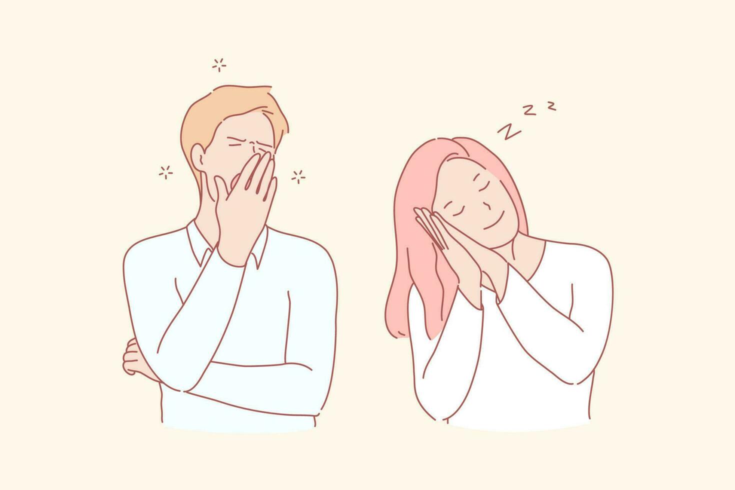 Sleepy young people, dozy man and woman concept. Falling asleep, awakening, yawn and smile, healthy sleep, different facial expressions, rested girl and drowsy boy. Simple flat vector