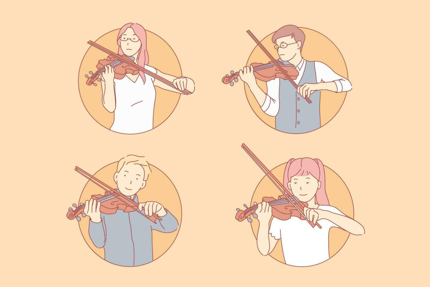 Musical performance, classical concert concept. Virtuosos, talented kids, young violinists, children with fiddles, male and female teenagers with violins and fiddlesticks. Simple flat vector