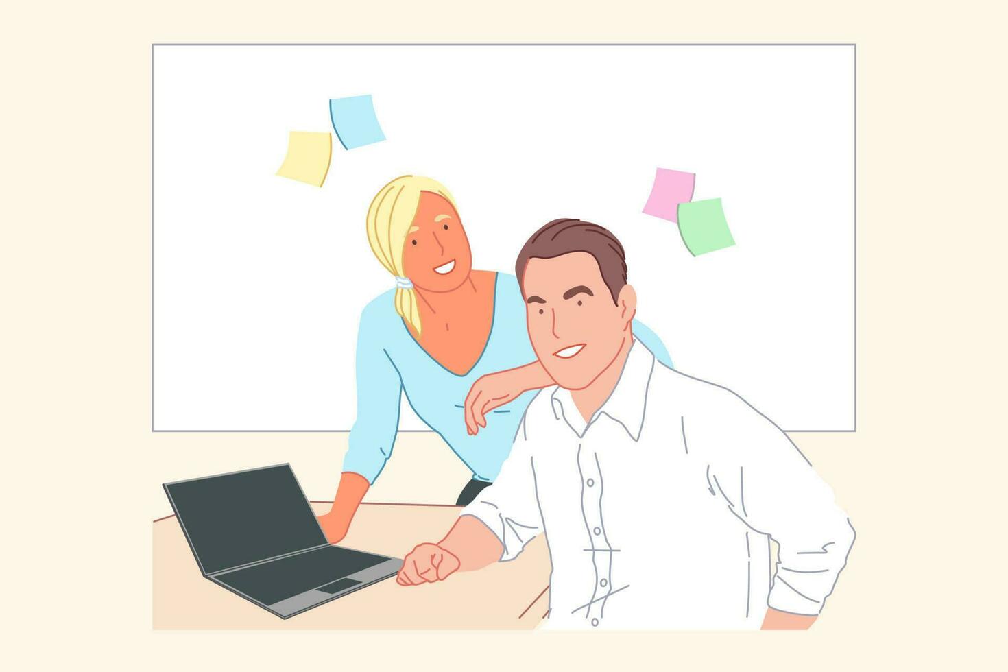 Business, partnership, teamwork concept. Young happy businessman and businesswoman, clerks together developing a new project or startup. Guy and girl workers in office cooperate. Simple flat vector