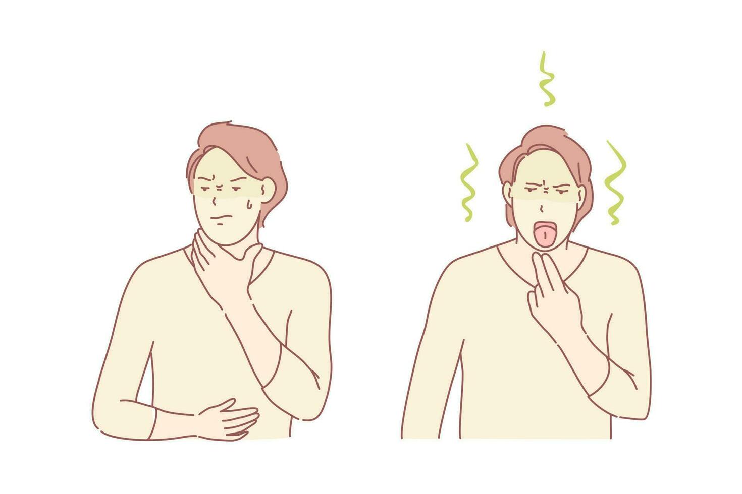 Nausea, queasiness, poisoning symptoms concept. Intoxication result, stomach disease, sad young man holding belly, guy inducing vomiting, boy suffering from pain. Simple flat vector