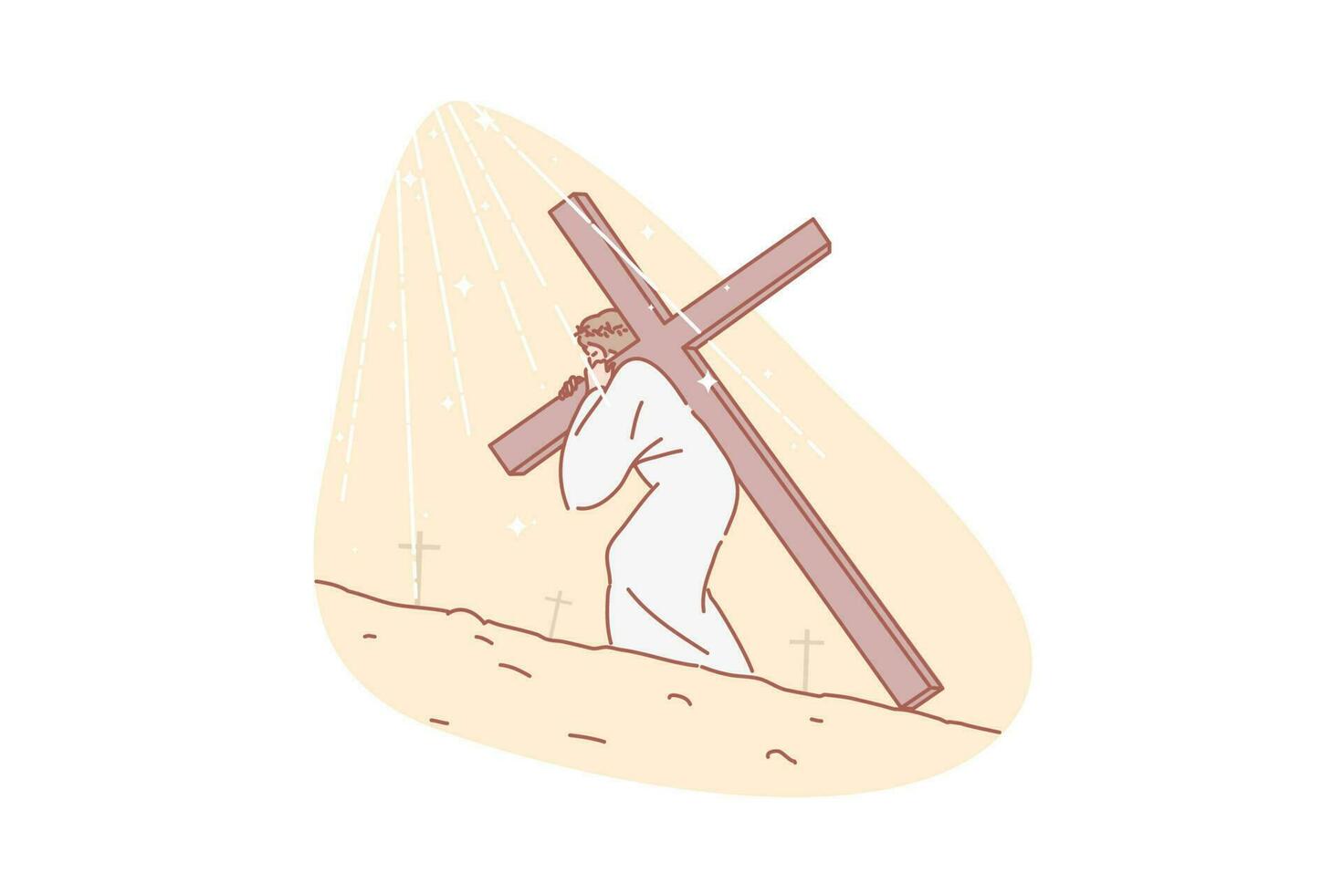 Jesus Christ, Bible, religion, Christianity, concept. Jesus carrying cross. Road to Calvary. Messiah shouldering rood. Torment and salvation christianity symbol. Humanity expiation simple flat vector. vector