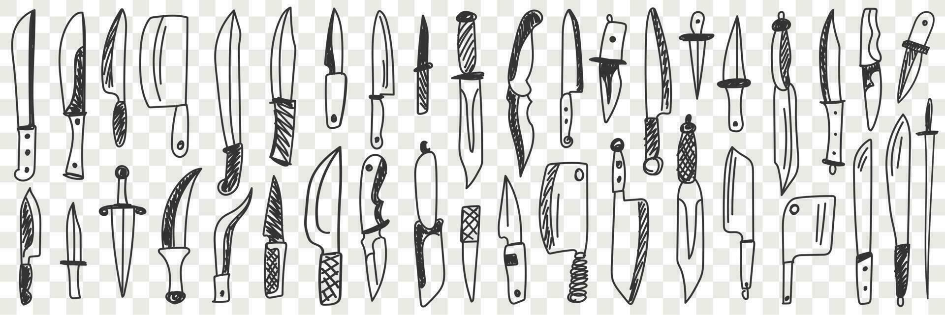 Knives for cutting doodle set. Collection of hand drawn various table and kitchen knife for cooking and cutting isolated on transparent vector
