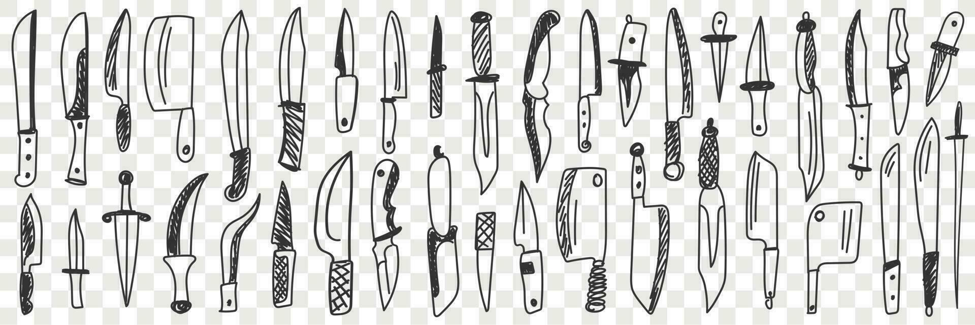 Knives for cutting doodle set. Collection of hand drawn various table and kitchen knife for cooking and cutting isolated on transparent vector