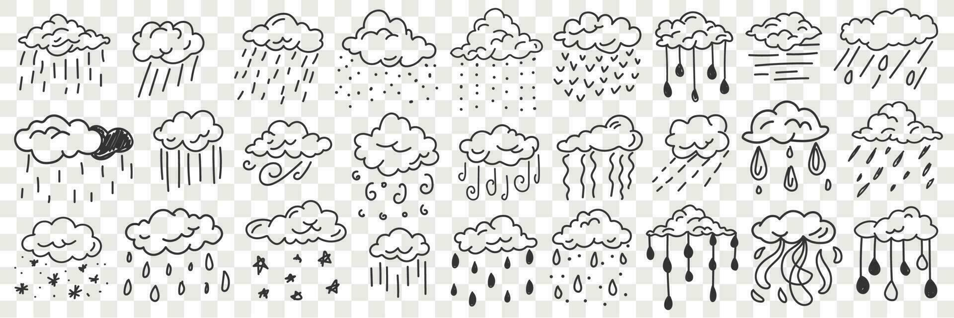 Natural falling precipitation doodle set. Collection of hand drawn various natural disasters rain snow falling from clouds in rows isolated on transparent vector
