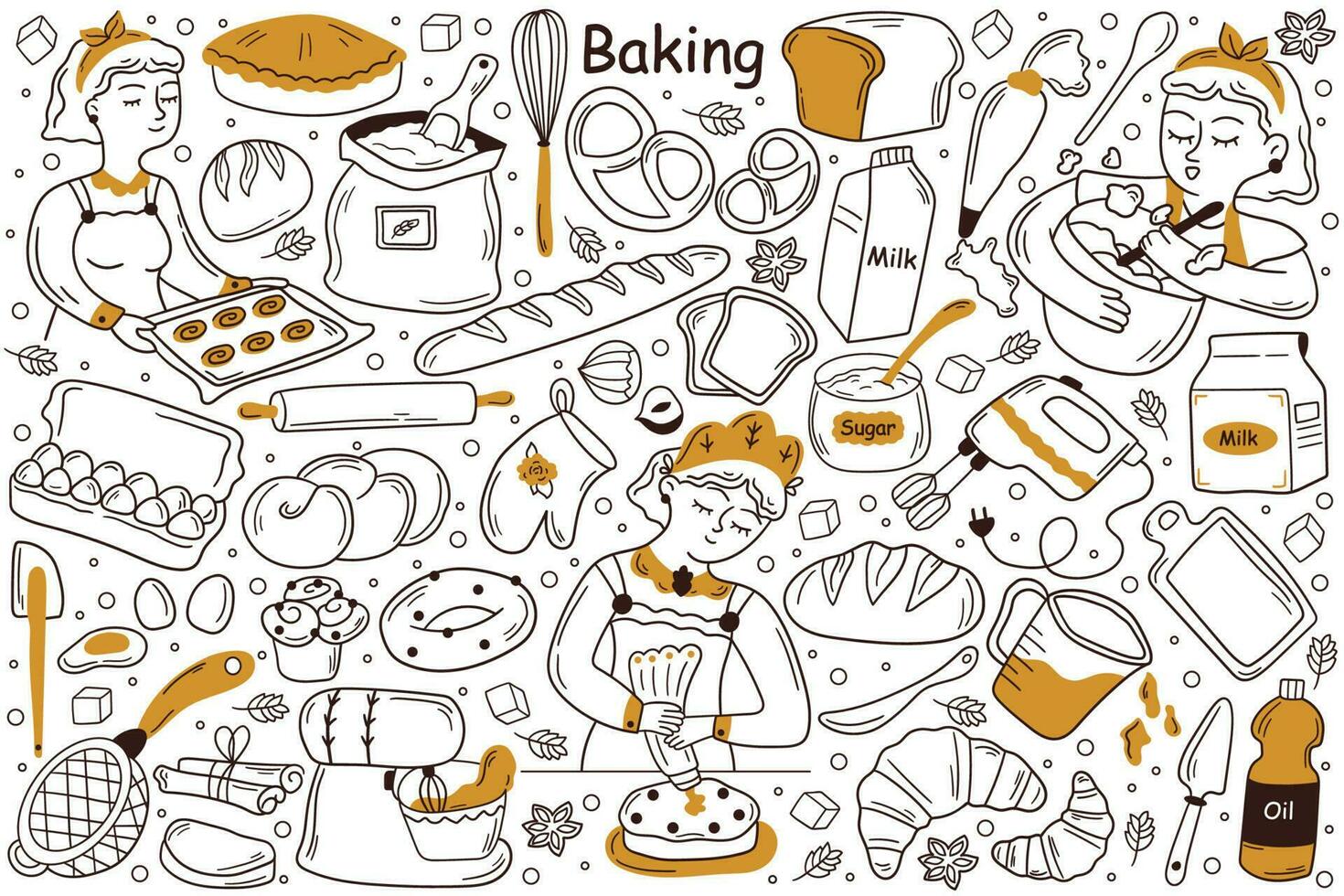 Baking doodle set. Collection of hand drawn templates patterns sketches of cooker chef baker cooking loaf from corn grain demonstrating fresh bakery production on tray. Bread food shop illustration. vector