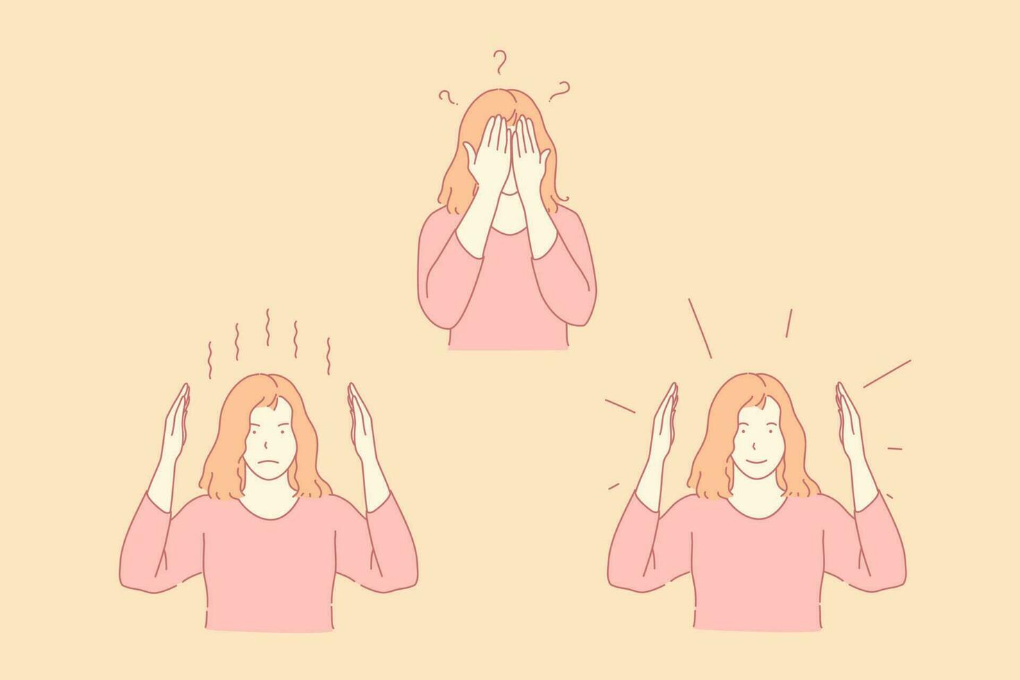 Gesticulation, game, different emotions concept. Opposite feelings, surprise, question, riddle, young woman covering face with palms, contrary facial expressions. Simple flat vector