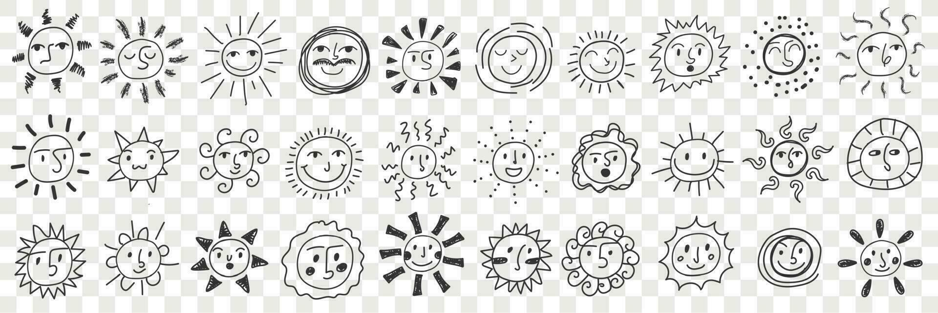 Smiling suns assortment doodle set. Collection of hand drawn various styles of positive happy smiling sun planets for children books isolated on transparent vector