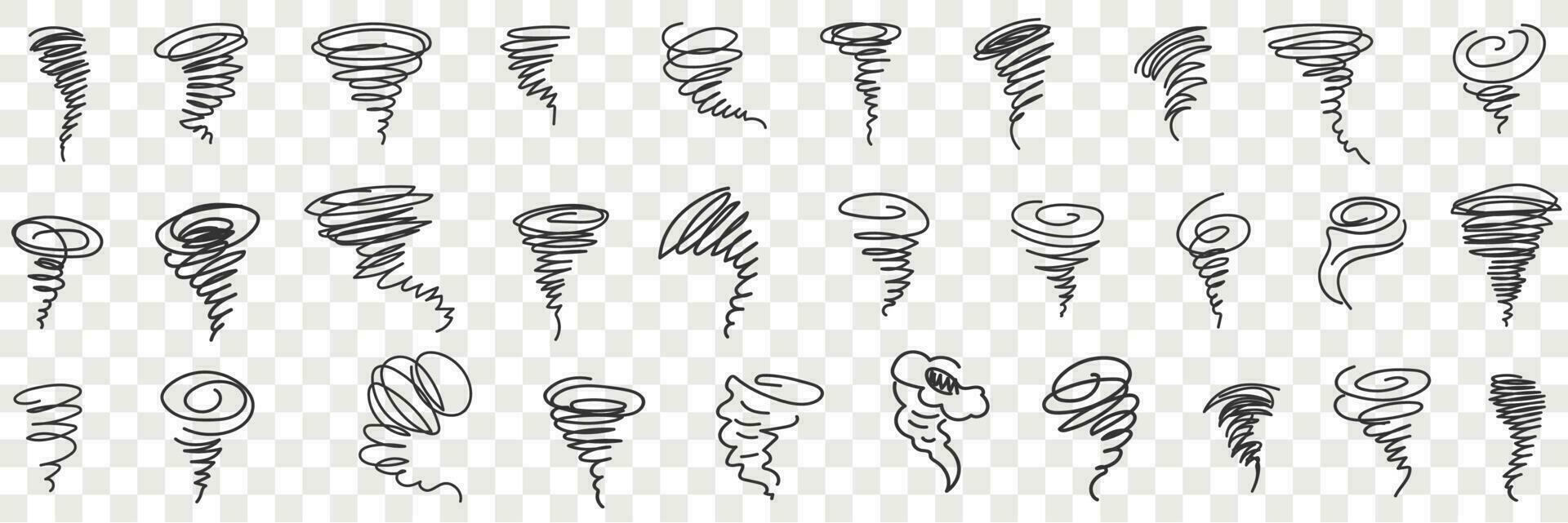 Tornado and hurricane doodle set. Collection of hand drawn natural disasters hurricanes tornado with windy center in rows isolated on transparent vector