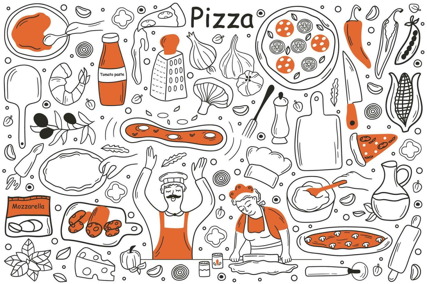 Pizza doodle set. Collection of hand drawn sketches templates patterns of man cooker chef holding pepperoni in kitchen. Cooking italian cuisine for lunch and unhealthy fasfood nutrition illustration. vector