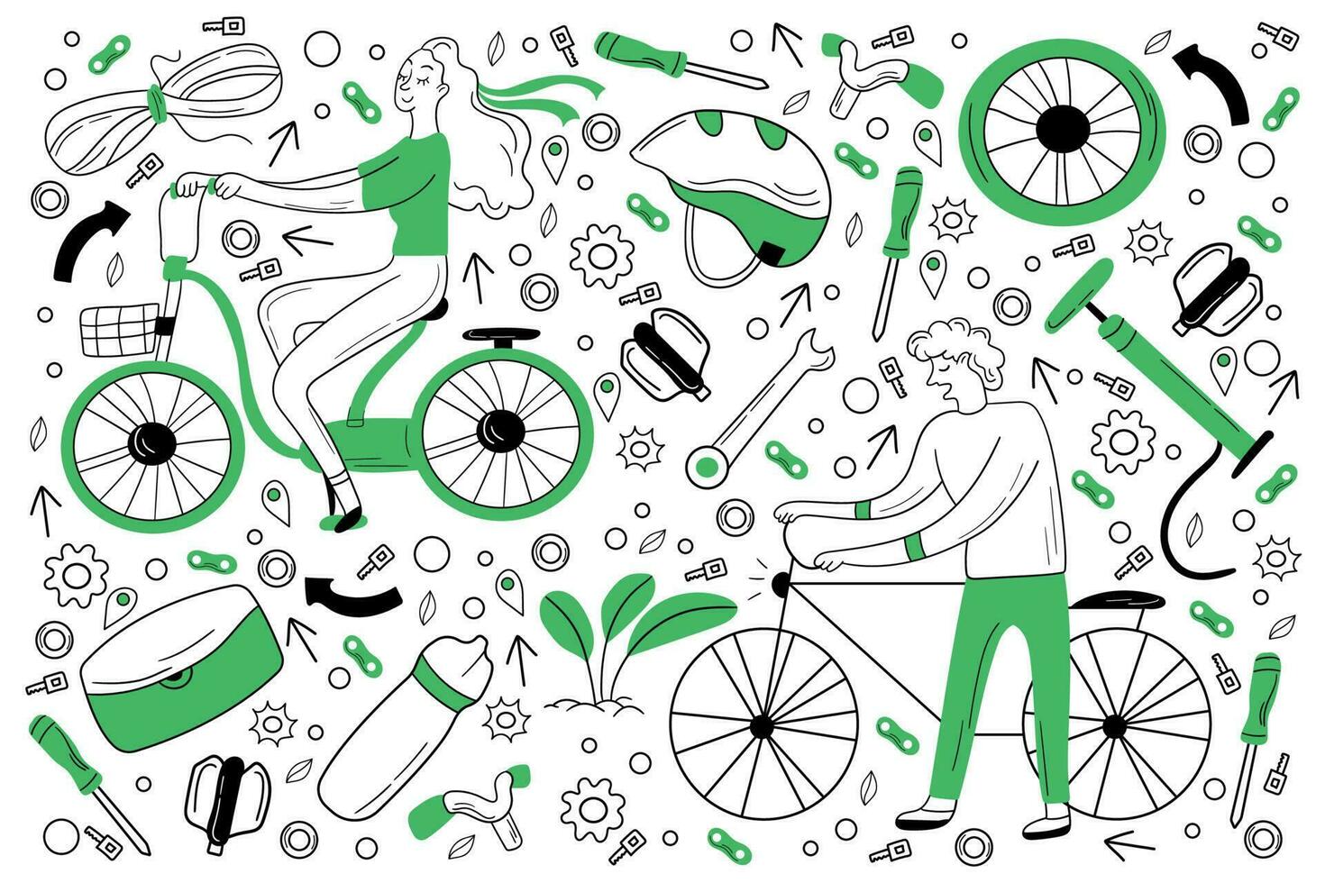 bicicleta garabatear colocar. colección de mano dibujado bocetos plantillas de varios parte de bicicleta o ciclo y personas montando en transporte vehículo. transporte y mantenimiento o reparar ilustración. vector