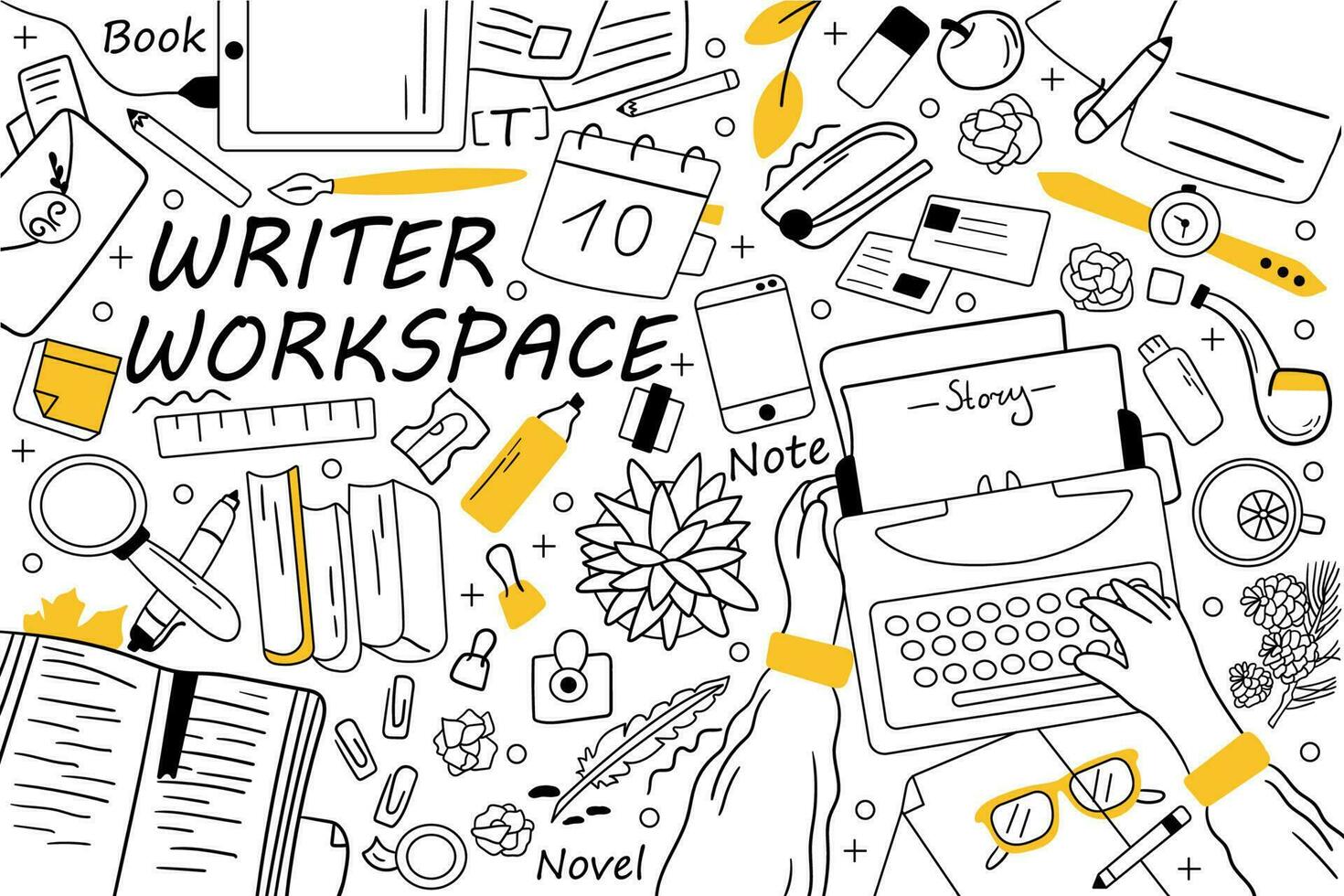 Writer workspace doodle set. Collection of hand drawn sketches templates patterns of writing equipment. Creative occupation and storytelling content book creation illustration vector