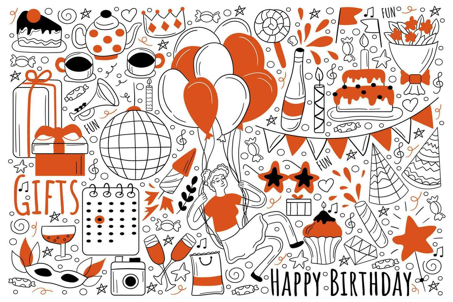 Birthday holiday doodle set. Collection of hand drawn sketches templates of party celebration congratulation and gifts giveaway. Happy lifestyle and festival atmosphere or having fun illustration. vector