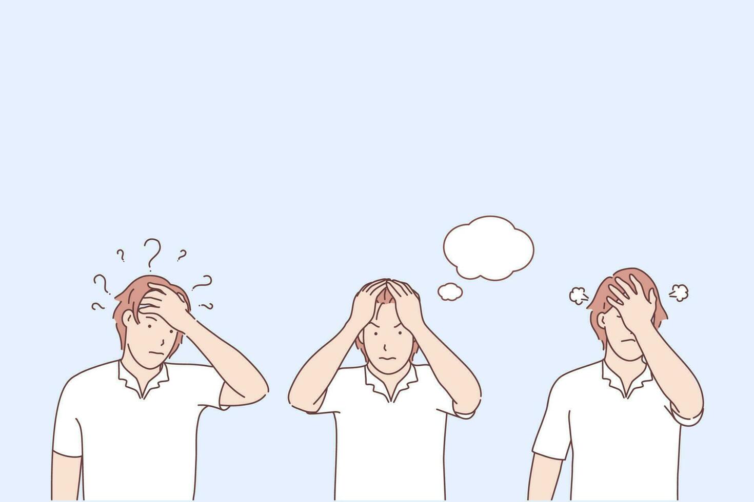 Problem awareness stages, not finding solution, negative emotions concept. Question and thoughts, brainstorming, anger and regret, man with speech bubble, boy holding hands on head. Simple flat vector