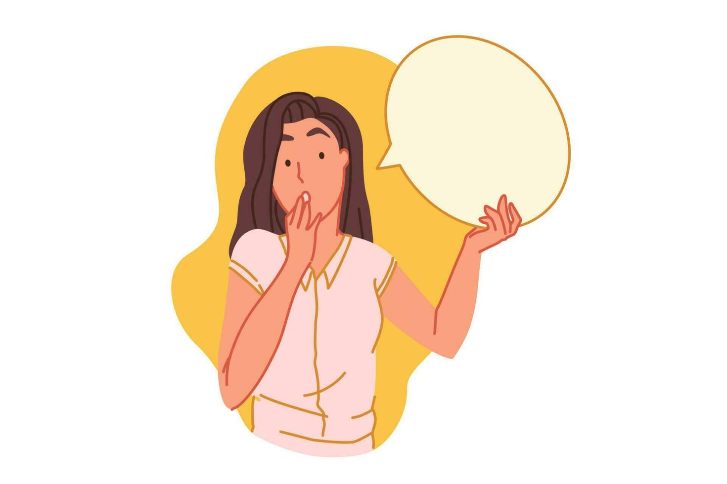 Frightening, terrified, panic concept. Scared woman keeps hands on head, young girl showing shock gesture, frightened facial expression, panicked teenager, human emotions. Simple flat vector